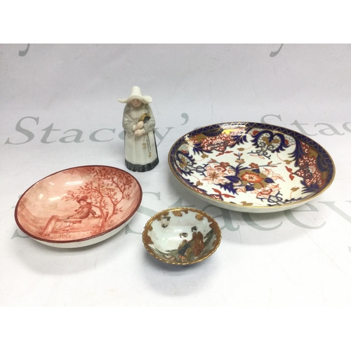 1018 - A Crown Derby dish, a hand painted Victorian dish, candle snuffer and a Japanese saki dish (4). Ship... 