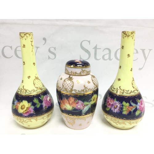 1019 - Three German porcelain vases with hand painted floral decoration, tallest approx 20cm. Shipping cate... 
