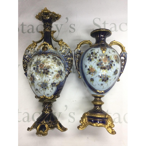1025 - Two Rudolstadt vases decorated with blues and gilt with floral sprays, tallest approx 42cm. Shipping... 