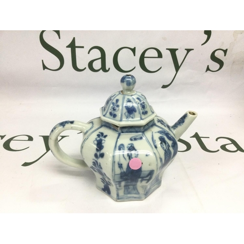864 - A small blue and white teapot decorated with various figures, approx height 11.5cm, some damage. Shi... 