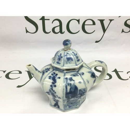 864 - A small blue and white teapot decorated with various figures, approx height 11.5cm, some damage. Shi... 