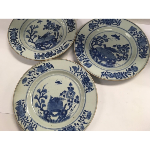 876 - Three Early 19 th Chinese blue and white plates decorated with birds flowers and foliage.