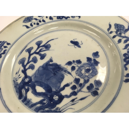 876 - Three Early 19 th Chinese blue and white plates decorated with birds flowers and foliage.