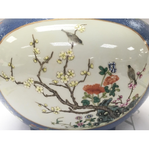 877 - A Chinese Qianlong marked vase with hand painted panel design of birds and flowers. No obvious damag... 