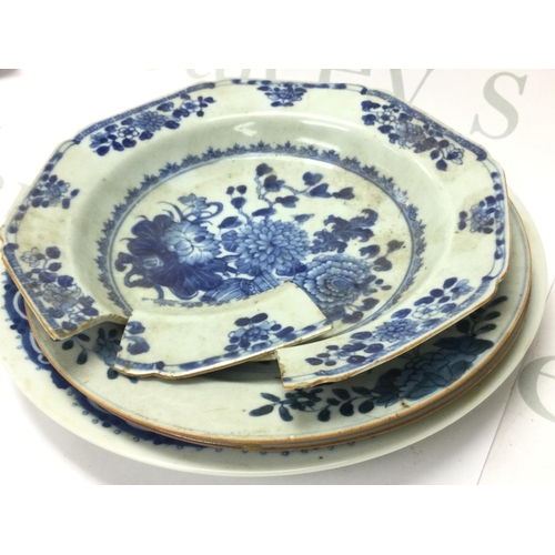 887 - Chinese blue and white plates and a Famille rose plate, this lot cannot be posted