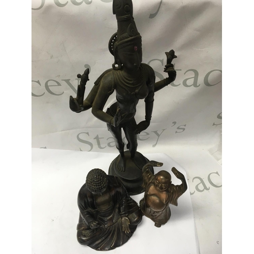 897 - A bronzed Deity and two Buddhas .