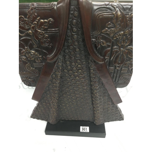 901 - A Japanese bronze sculptor in the form of a kimono mounted on a wooden base .53 cm .