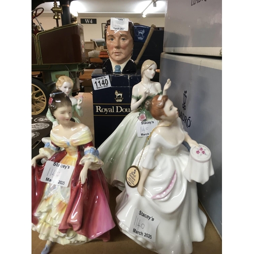 1037 - Four Doulton figures a small character jug a boxed English enamel together with two Gaudi plates NO ... 