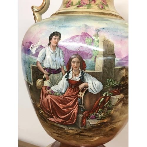 1064 - A pair of Victorian vases decorated with hand painted panels of classic scenes and pink rose designs... 