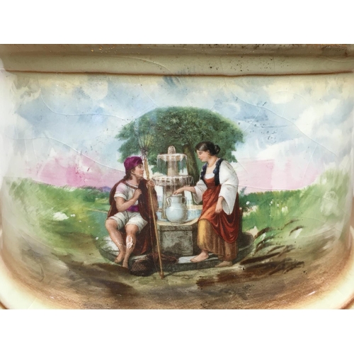 1064 - A pair of Victorian vases decorated with hand painted panels of classic scenes and pink rose designs... 
