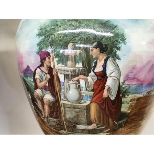 1064 - A pair of Victorian vases decorated with hand painted panels of classic scenes and pink rose designs... 
