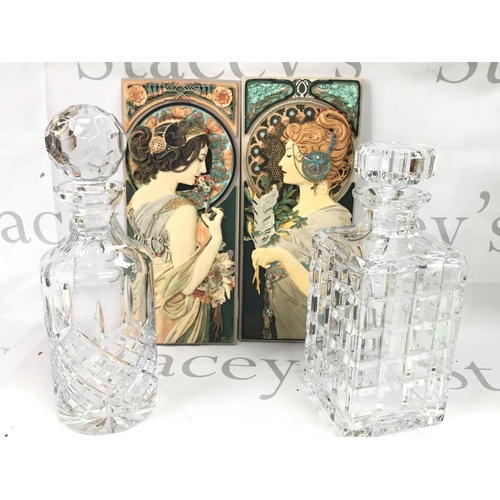 1097 - Decanters , one being Atlantis. Art nouveau style plaques. This lot cannot be posted