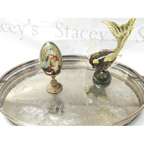 868 - A Box Containing Silver Plate. A Murano Glass Fish and a Russian Egg.