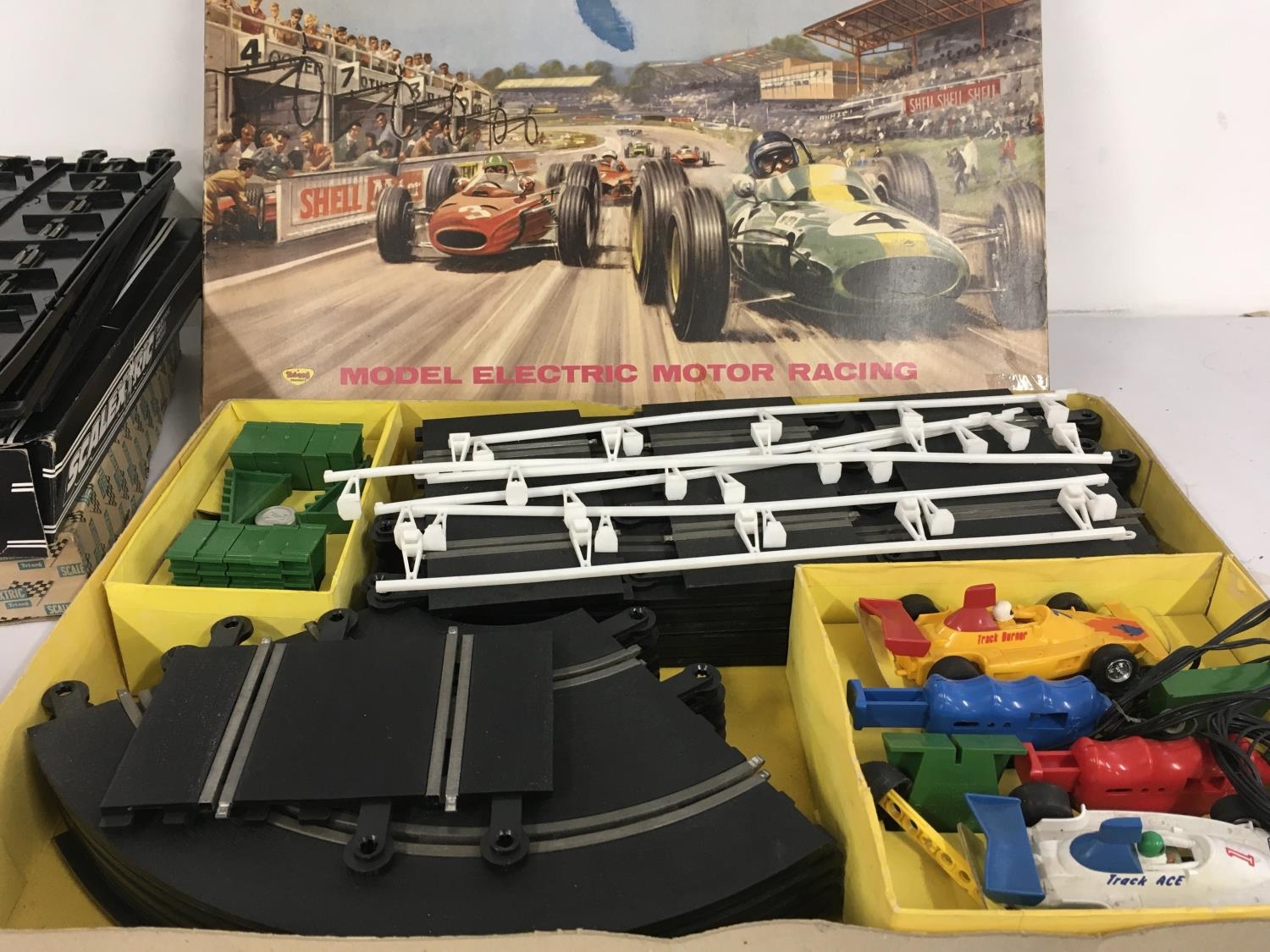A boxed Scalextric car racing set No.31. Includes extra track and ...