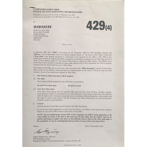 15 - John Lyalls West Ham Football Club Shares: Numerous certificates and paperwork for Lyalls own shares... 