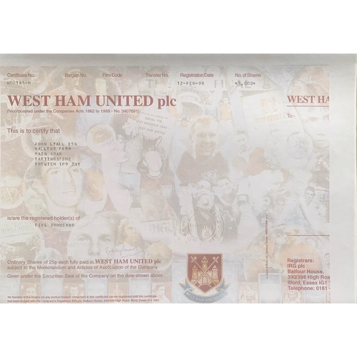 15 - John Lyalls West Ham Football Club Shares: Numerous certificates and paperwork for Lyalls own shares... 