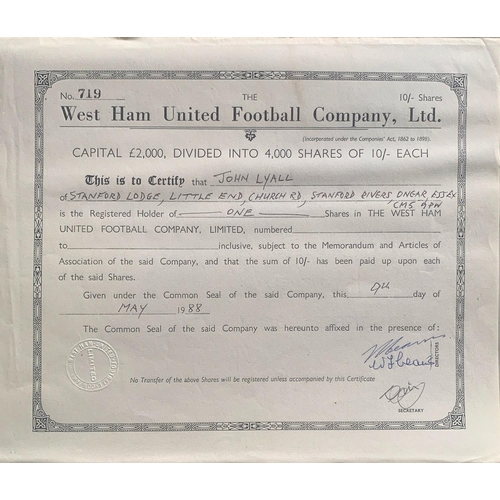 15 - John Lyalls West Ham Football Club Shares: Numerous certificates and paperwork for Lyalls own shares... 