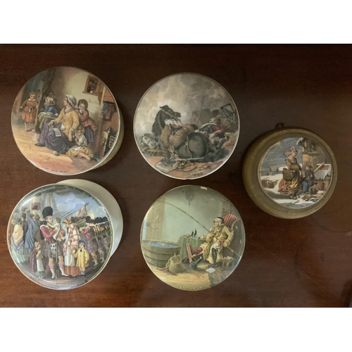 5 Victorian pots and lids and 1 additional pot Lid with frame.
