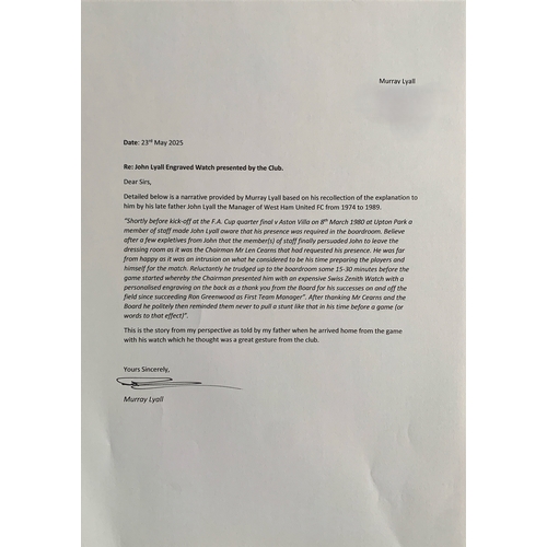 3 - John Lyalls 1980 Gold Watch Gift From West Ham: Zenith 18ct gold watch presented by the board of dir... 