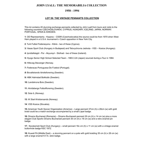 59 - John Lyalls Football Pennant Collection: 20 pennants picked up in his career and listed by his famil... 