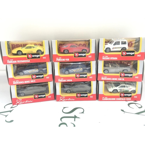 101 - A Collection Of 9 Burago 1/43 Scale Diecast Cars.