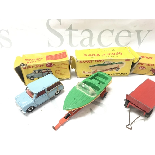 63 - 5 Boxed Playworn Dinky Toy. Boxes Are Worn. A Austin Seven #199. A Healey Sports Boat On Trailer #79... 