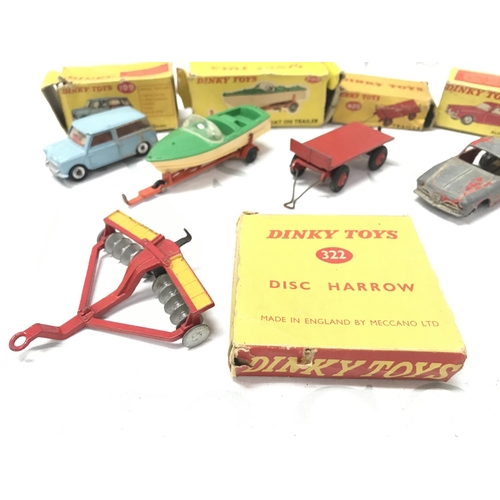 63 - 5 Boxed Playworn Dinky Toy. Boxes Are Worn. A Austin Seven #199. A Healey Sports Boat On Trailer #79... 