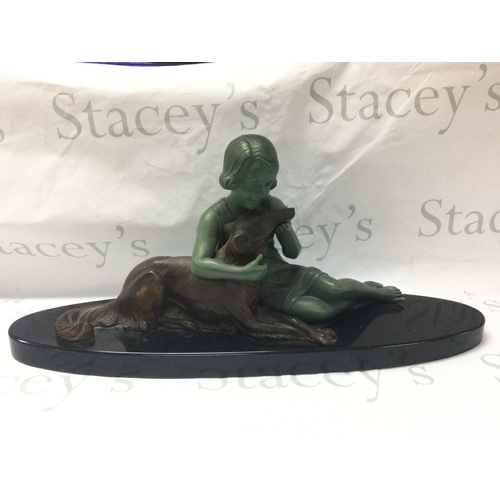 874 - Armand Godard, bronzed French Art Deco Girl and Borzoi Dog c.1920-30s. 29cm tall 64cm wide approx