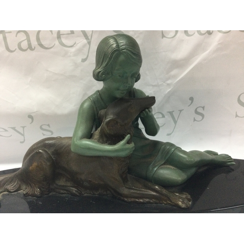 874 - Armand Godard, bronzed French Art Deco Girl and Borzoi Dog c.1920-30s. 29cm tall 64cm wide approx