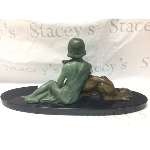 874 - Armand Godard, bronzed French Art Deco Girl and Borzoi Dog c.1920-30s. 29cm tall 64cm wide approx