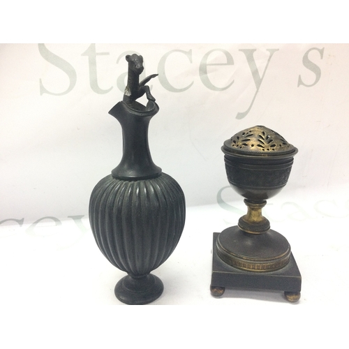 894 - A small bronze ewer and a George III gilt metal pot porri 13 and 17cm tall. Postage category B