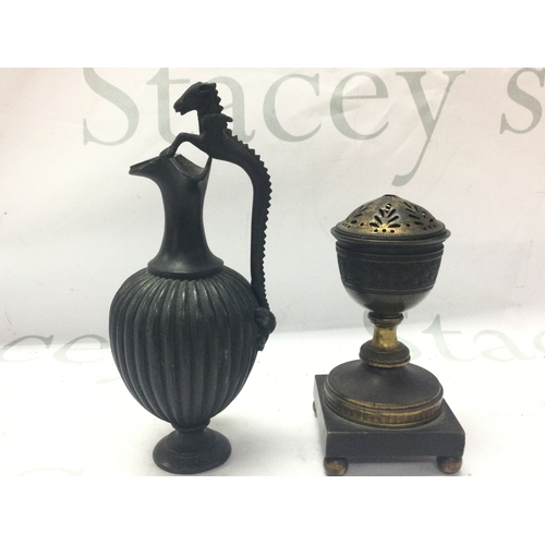 894 - A small bronze ewer and a George III gilt metal pot porri 13 and 17cm tall. Postage category B