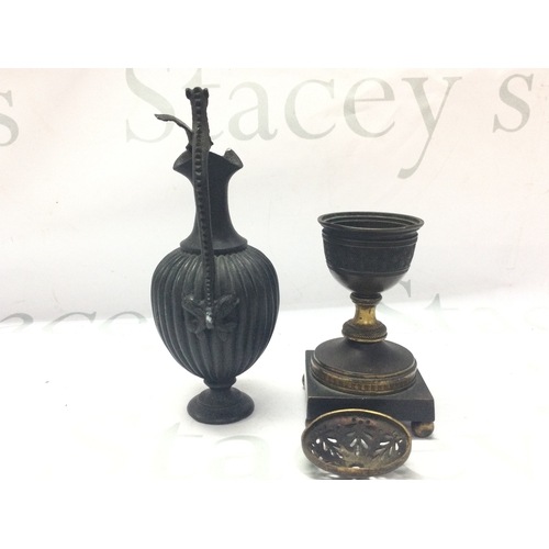 894 - A small bronze ewer and a George III gilt metal pot porri 13 and 17cm tall. Postage category B