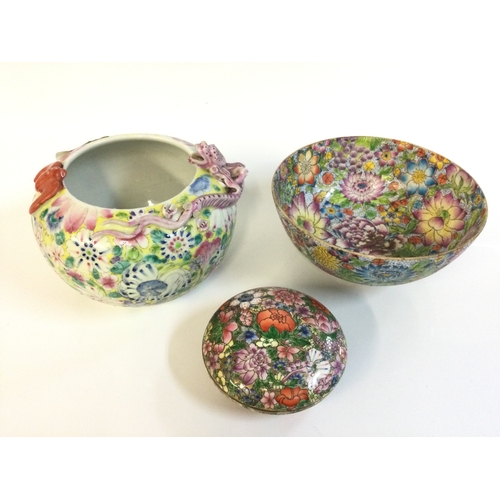 913 - Chinese Mille Fleur ceramics including vase with dragon (11cm tall) , bowl (6.5cm tall) and trinket ... 