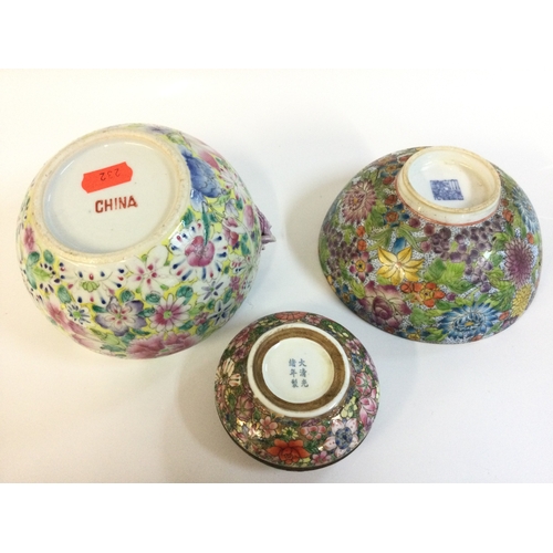 913 - Chinese Mille Fleur ceramics including vase with dragon (11cm tall) , bowl (6.5cm tall) and trinket ... 