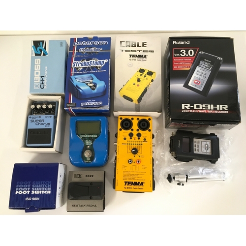 1055 - A collection of boxed guitar pedals comprising a Boss CH-1 Super Chorus, a Peterson Strobo Stomp, a ... 