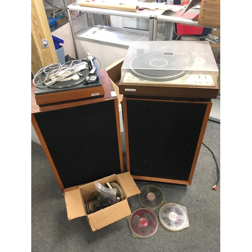 1331 - A Pioneer PL-530 turntable and one other, a pair of large floor standing speakers and a box of reels... 