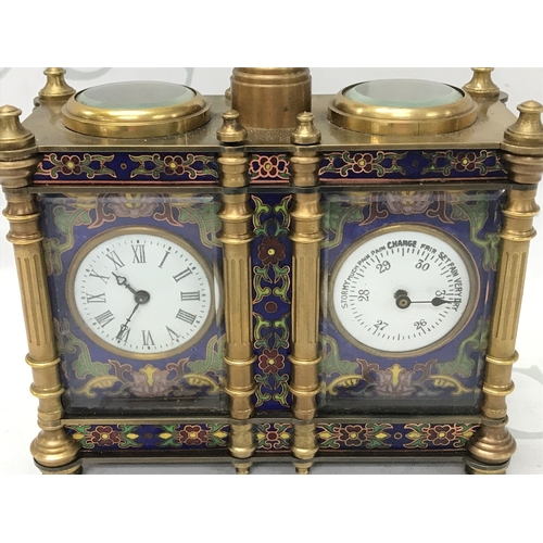 835 - A French brass and cloisonné clock barometer, 13.5cm tall 13cm wide. Seen working . Two keys