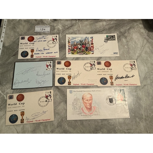 124 - England 1966 Football Team Signed First Day Covers: 6 first day covers plus a page which looks like ... 