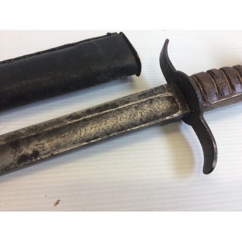 648 - A 19th century short sword the steel blade with faint inscription wired grip and leather scabbard. L... 