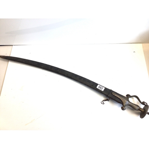 683 - A 19th century Indian steel Tulare sword with disc shaped pommel. Leather scabbard .