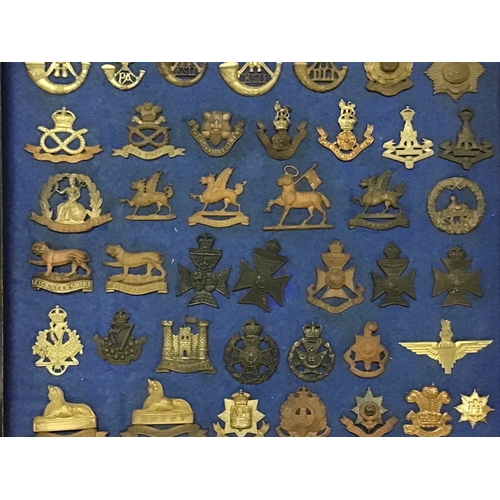 788 - A frame containing a good collection of I world war and other British Military Cap badges many with ... 