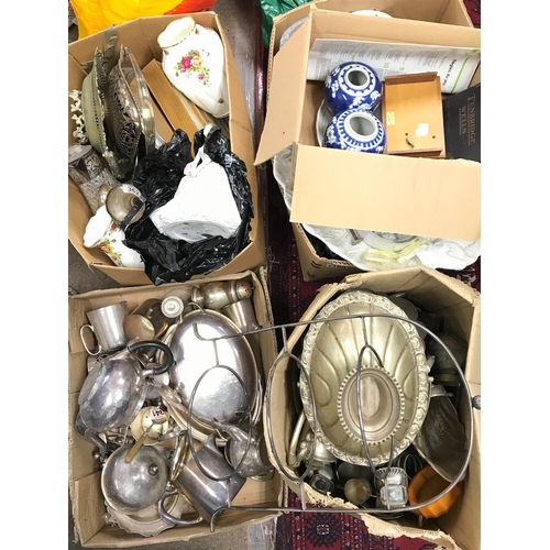 1274 - Four boxes of items including silver plate, royal Albert old country rose, Chinese blue and white, r... 