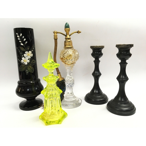 1301 - Glass scent bottles, ebony candle sticks with silver hallmarked tops, black glass vase. 14 to 20cm t... 