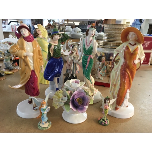 1304 - Four Royal Doulton lady figures in Art Deco style dress, together with other lady figures and two mi... 