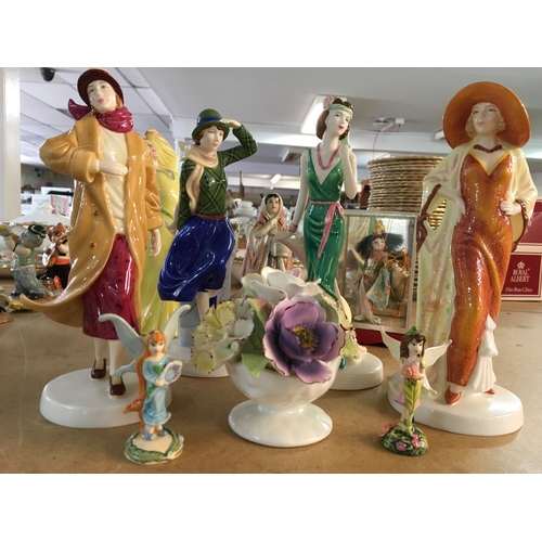 1304 - Four Royal Doulton lady figures in Art Deco style dress, together with other lady figures and two mi... 