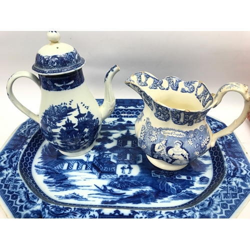 1309 - A Worcester type 18th century coffee pot and two other blue and white ceramic items