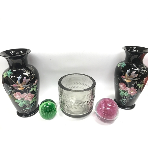 1310 - Glass cut vase , a pair of 20th century vases decorated with enamel flowers and bird design and two ... 