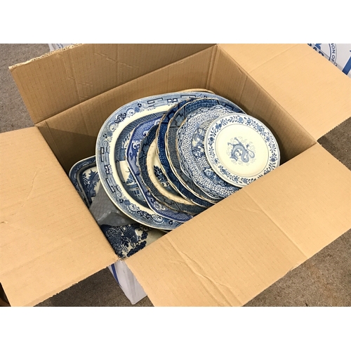 1396 - A box containing Blue and white plates including Willow Wedgwood, Delph wood & sons, Booths real old... 