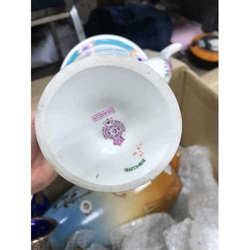 1276 - Four boxes of ceramics, cauldron, royal Worcester etc, silver hallmarked items, noritake, art glass ... 